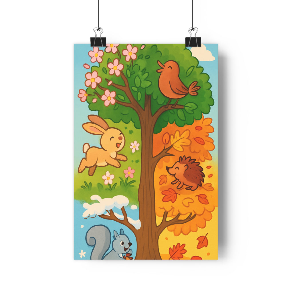 Poster décoratif coloré arbre saisons cartoon joyeux enfant chambre salon nature animaux vibrant qualité