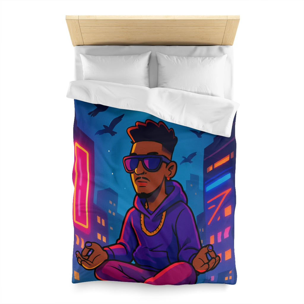 Housse de Couette Représentant Jeune Méditant Sur Toit en Ville, Pleine Lune Derrière