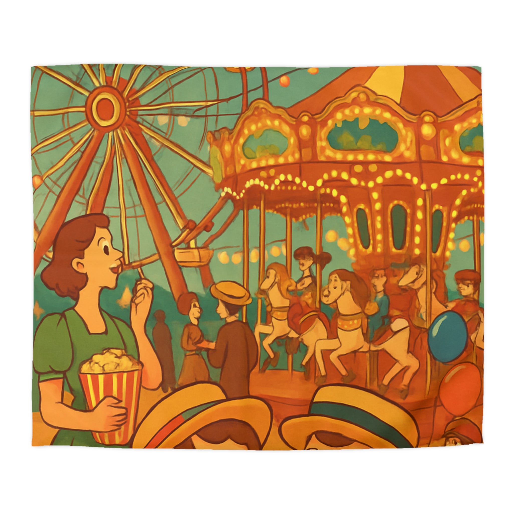 Housse de Couette Vintage Enfants et Fête Foraine avec Ballons, Manège et Grande Roue