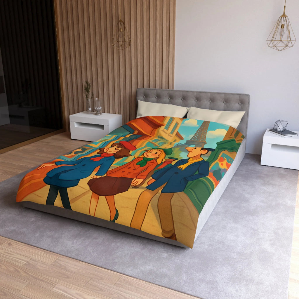 Housse de couette illustrée Paris promenade style rétro avec amis et Tour Eiffel