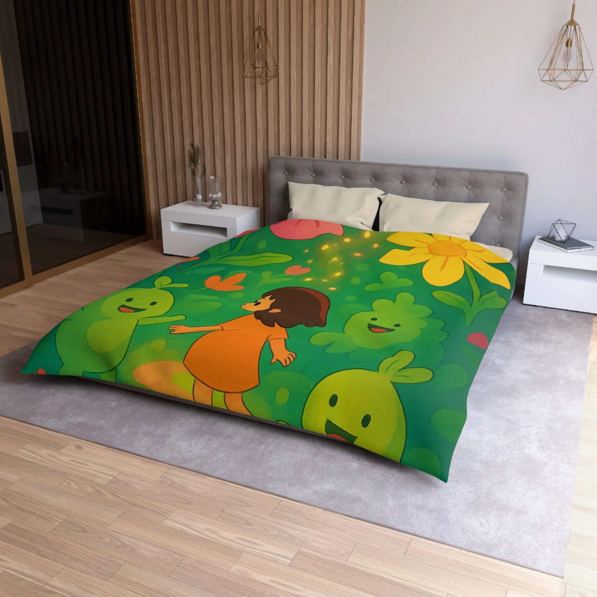 Housse de couette enfant avec fleurs colorées et créatures joyeuses dans forêt magique