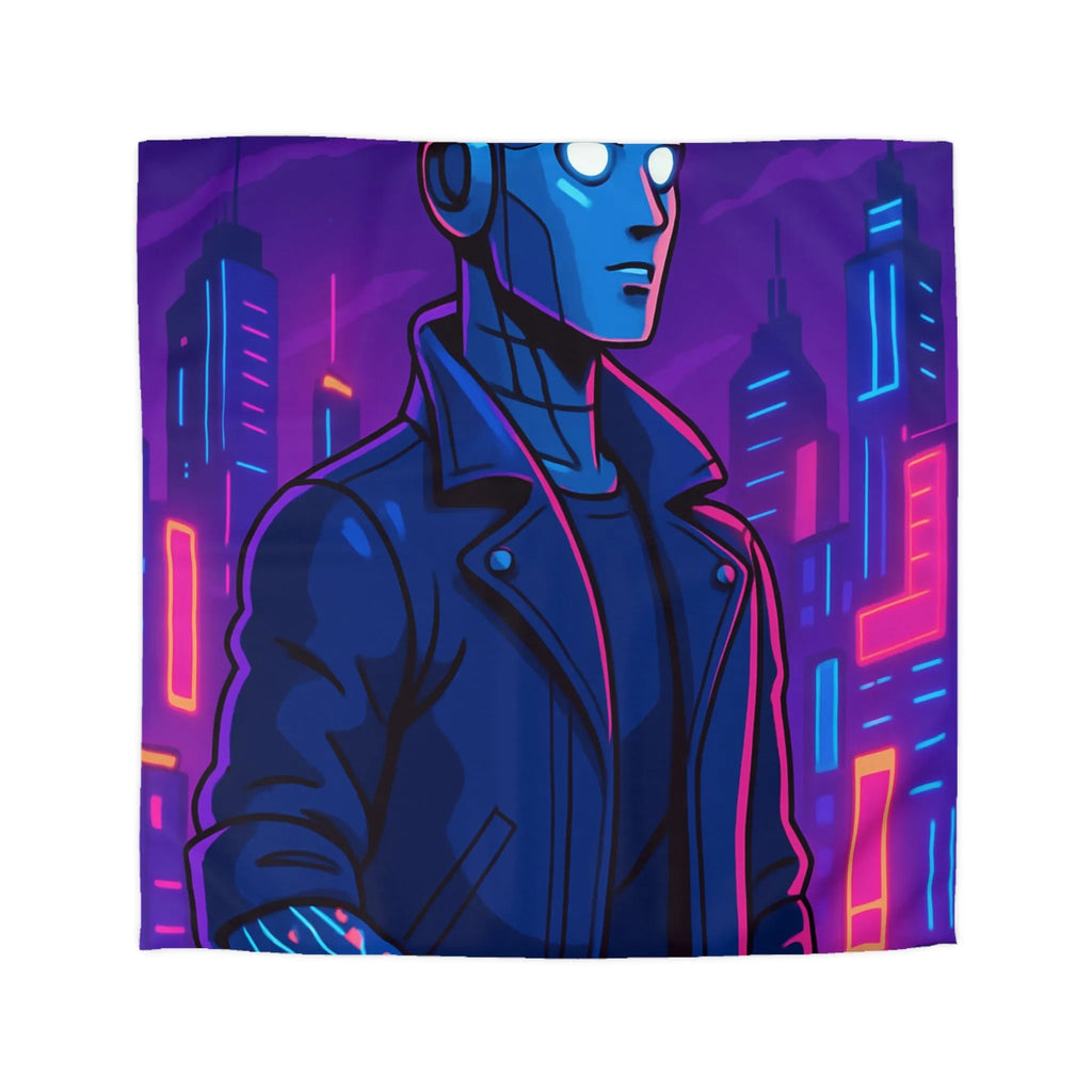 Housse de couette bleu nuit motif rétro-futuriste avec robot et gratte-ciel néon