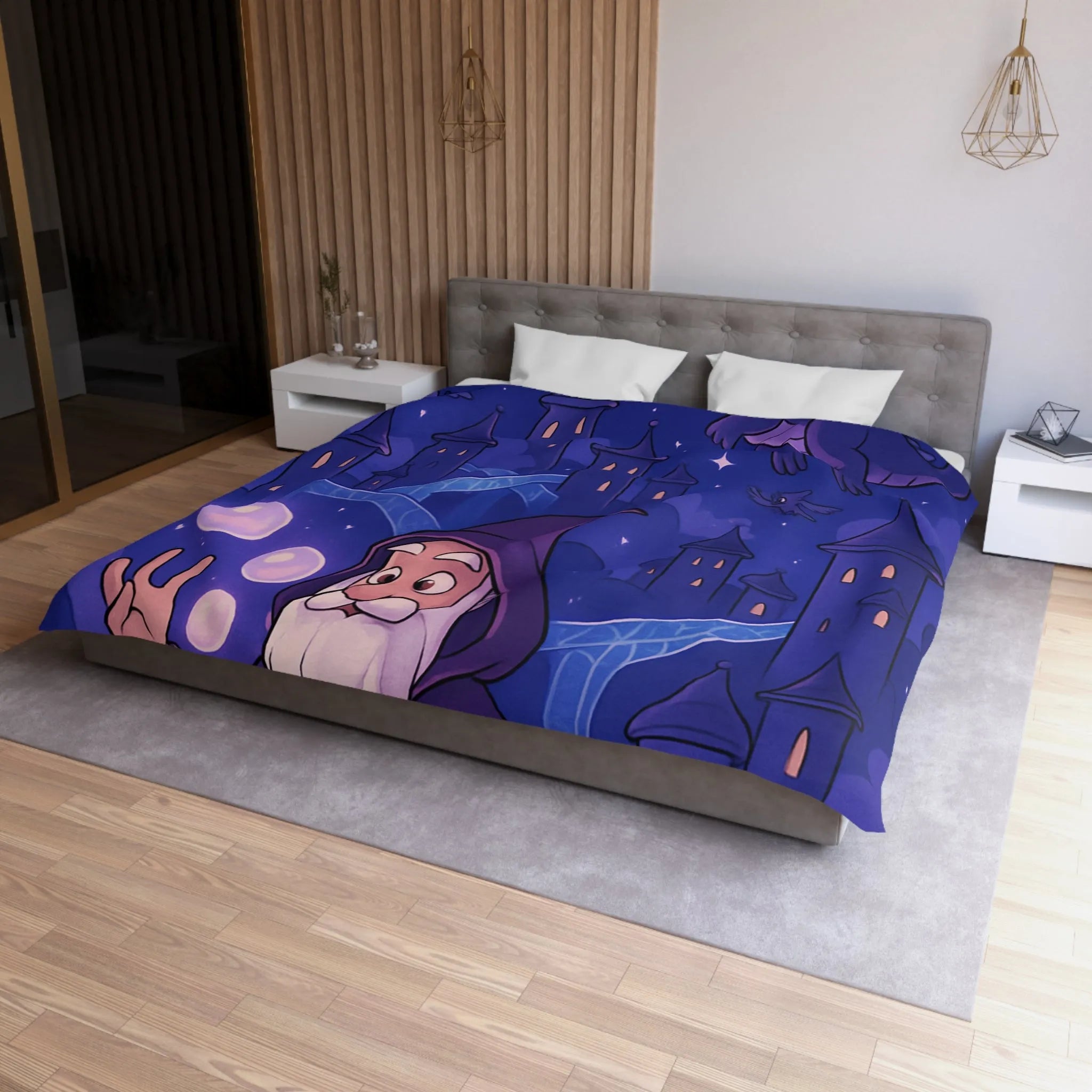 Housse de couette magique avec dragon violet, hiboux et sorcier devant château