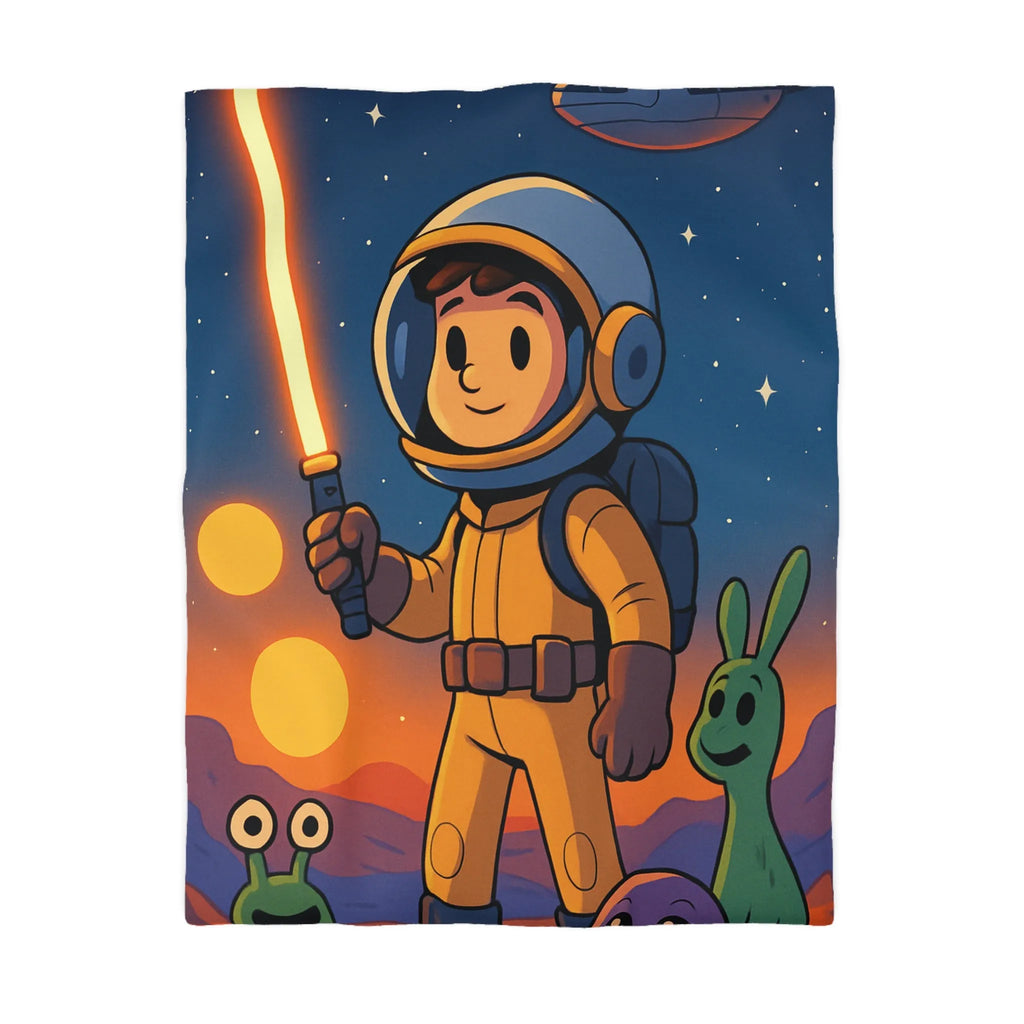 Adorable Espace: Astronaute Enfant Avec Épée Lumineuse Et Créatures Amusantes Sur Une Planet