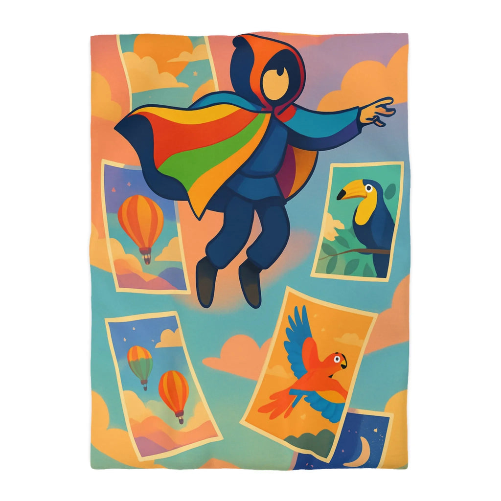 Housse de couette colorée avec motifs d'aventure de montgolfières et oiseaux exotiques