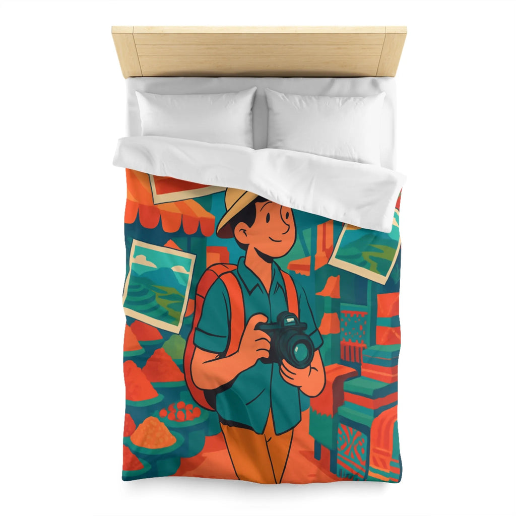 Housse de Couette Colorée avec Voyageur Photographiant un Marché Animé et Vibrant