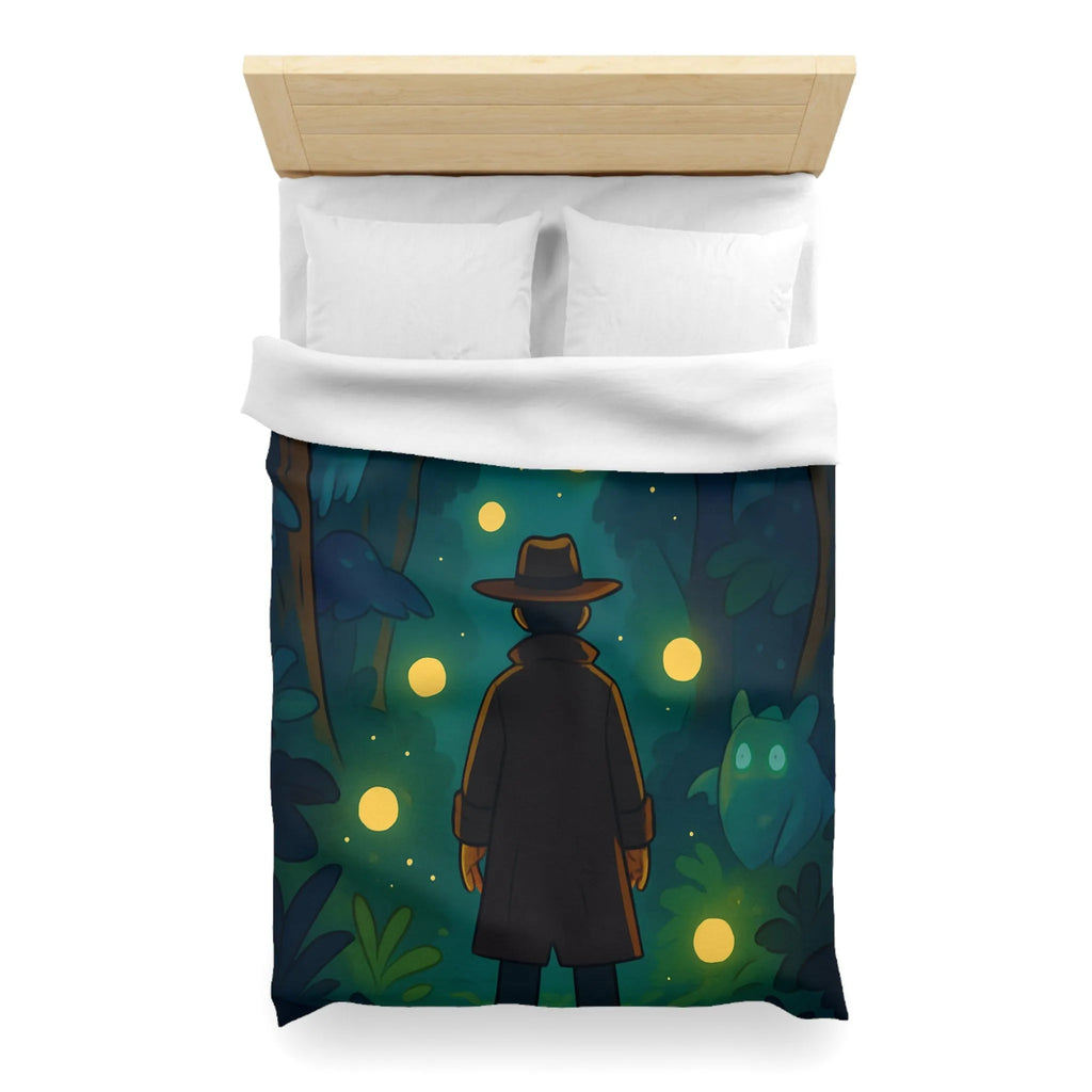Housse de Couette Forêt Mystique avec Créatures Lumineuses et Promeneur en Chapeau