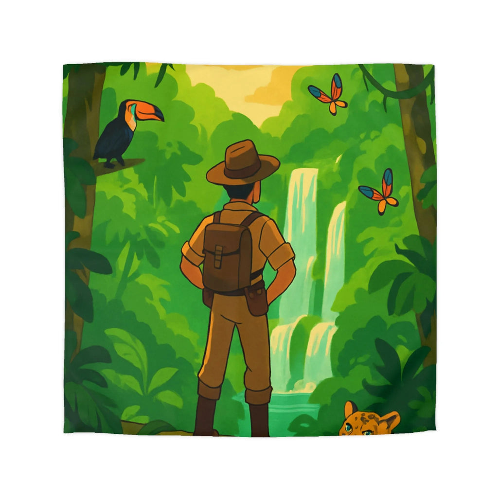Housse de couette jungle exotique avec explorateur, toucan et paysages luxuriants