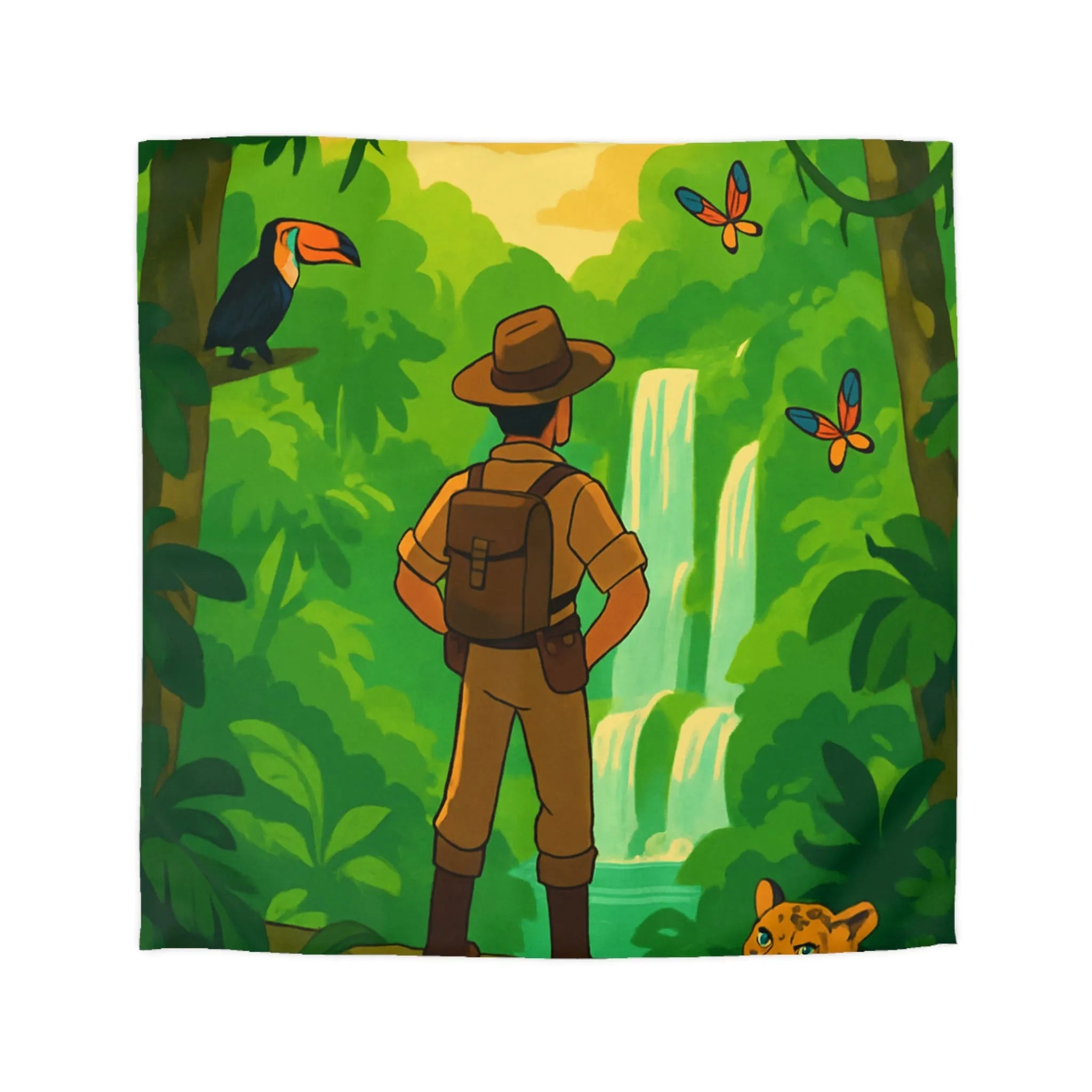 Housse de couette jungle exotique avec explorateur, toucan et paysages luxuriants