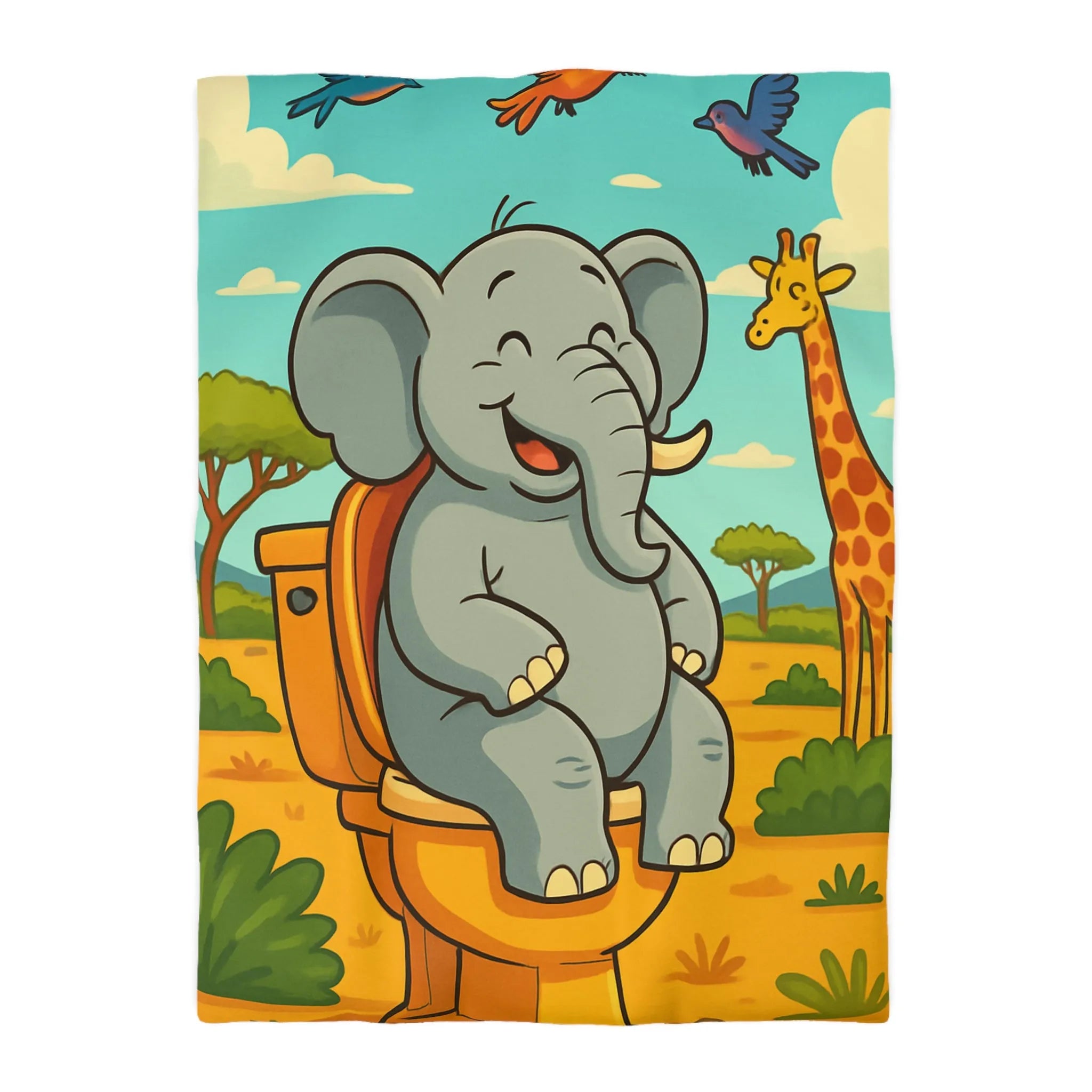 Housse de couette joyeuse éléphant sur toilettes en pleine savane colorée