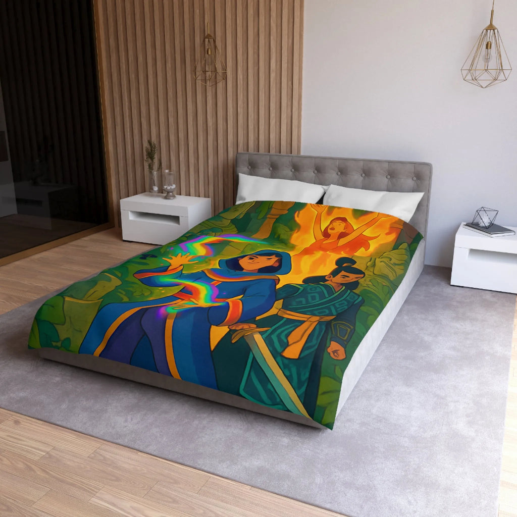 Housse de couette magique colorée : aventure mystique avec personnages énigmatiques et feu flamboyant