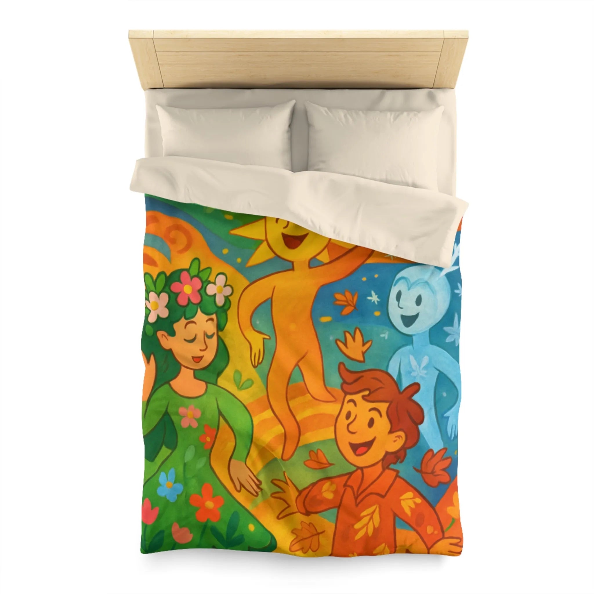 Housse de couette éclatante illustrant les quatre saisons dans un design ludique et coloré