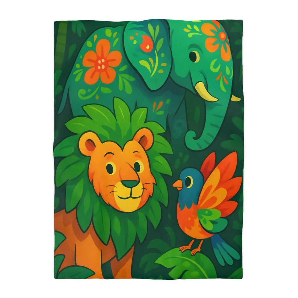 Housse de couette jungle colorée avec éléphant lion et oiseau tropical pour enfants