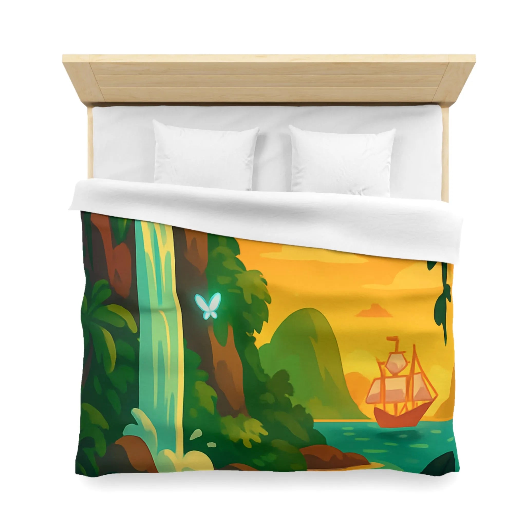 Housse de couette exotique avec cascade, papillons lumineux et bateau au coucher du soleil
