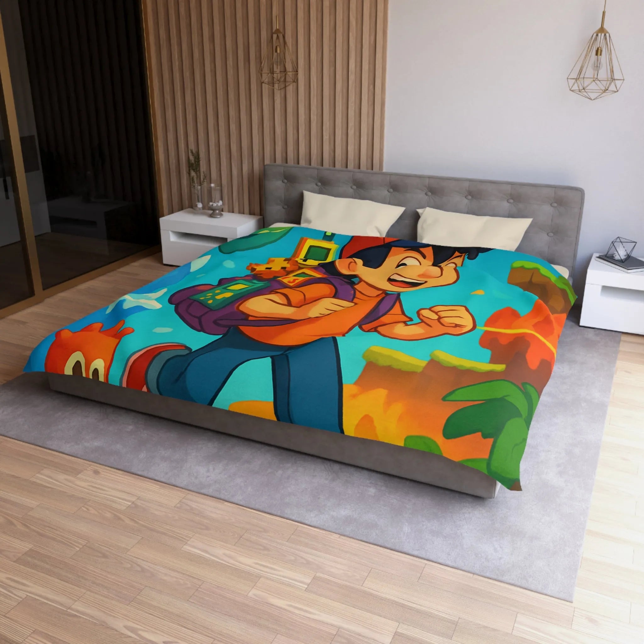 Housse de couette enfant joyeuse au design rétro jeu vidéo couleurs vives