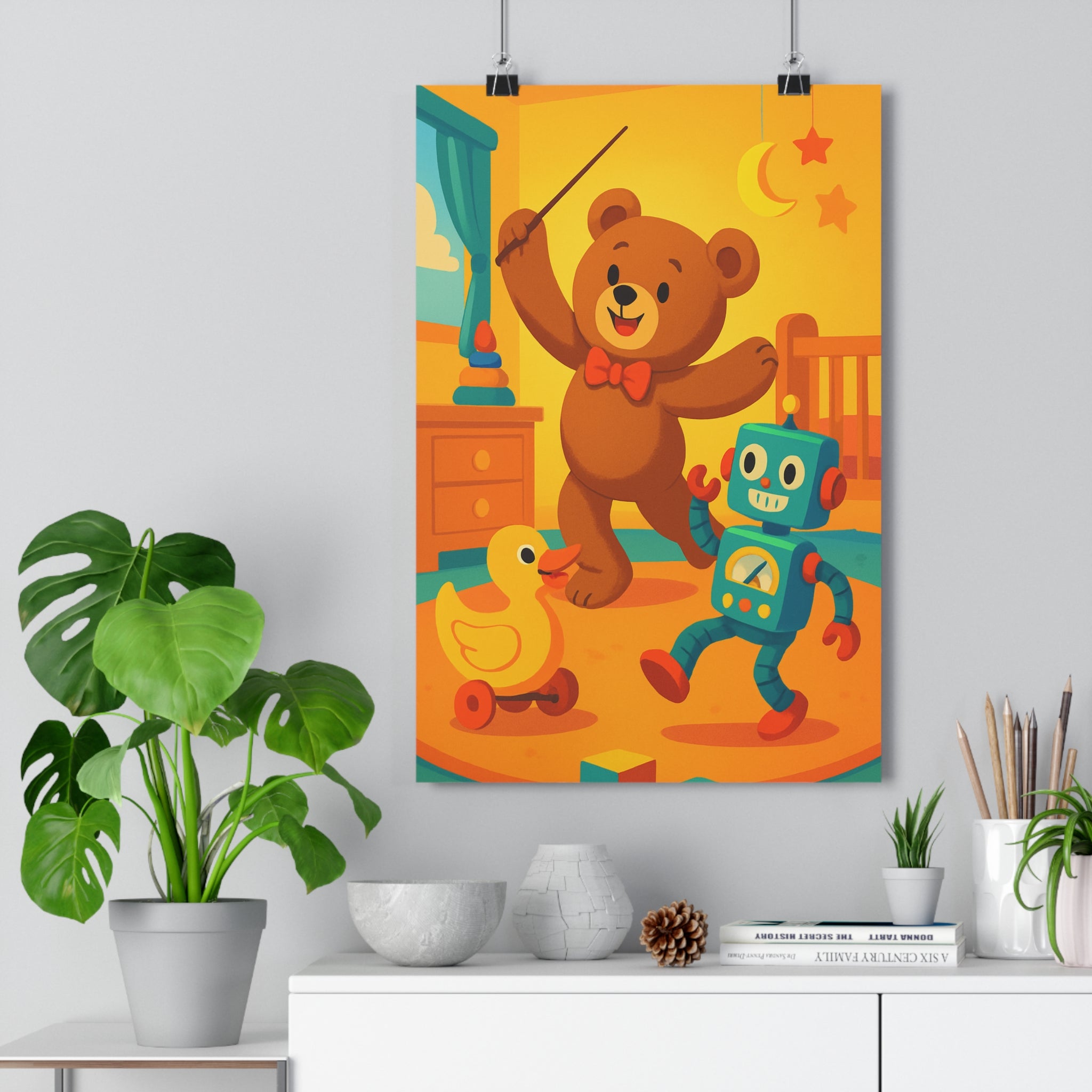 Poster décoratif enfant cartoon ours robot canard joyeux coloré chambre amusant vibrant ludique original