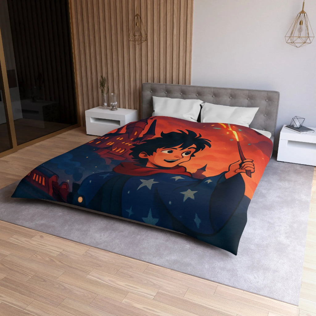 Housse de Couette Enfant Magie Château Nuit Feu d'Artifice Dragon et Hibou