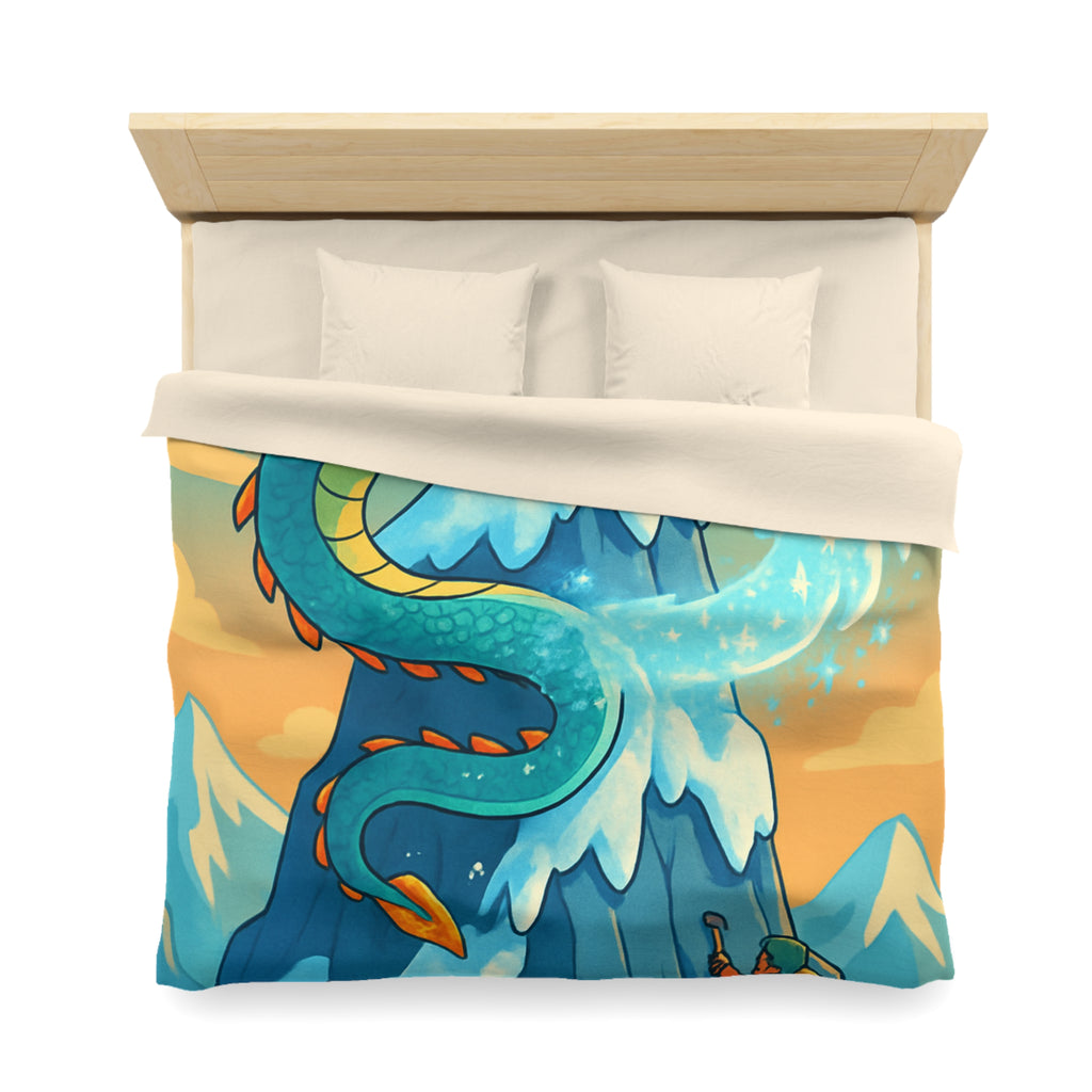 Montagne enneigée gardée par un dragon crachant de la glace, aventure épique illustrée