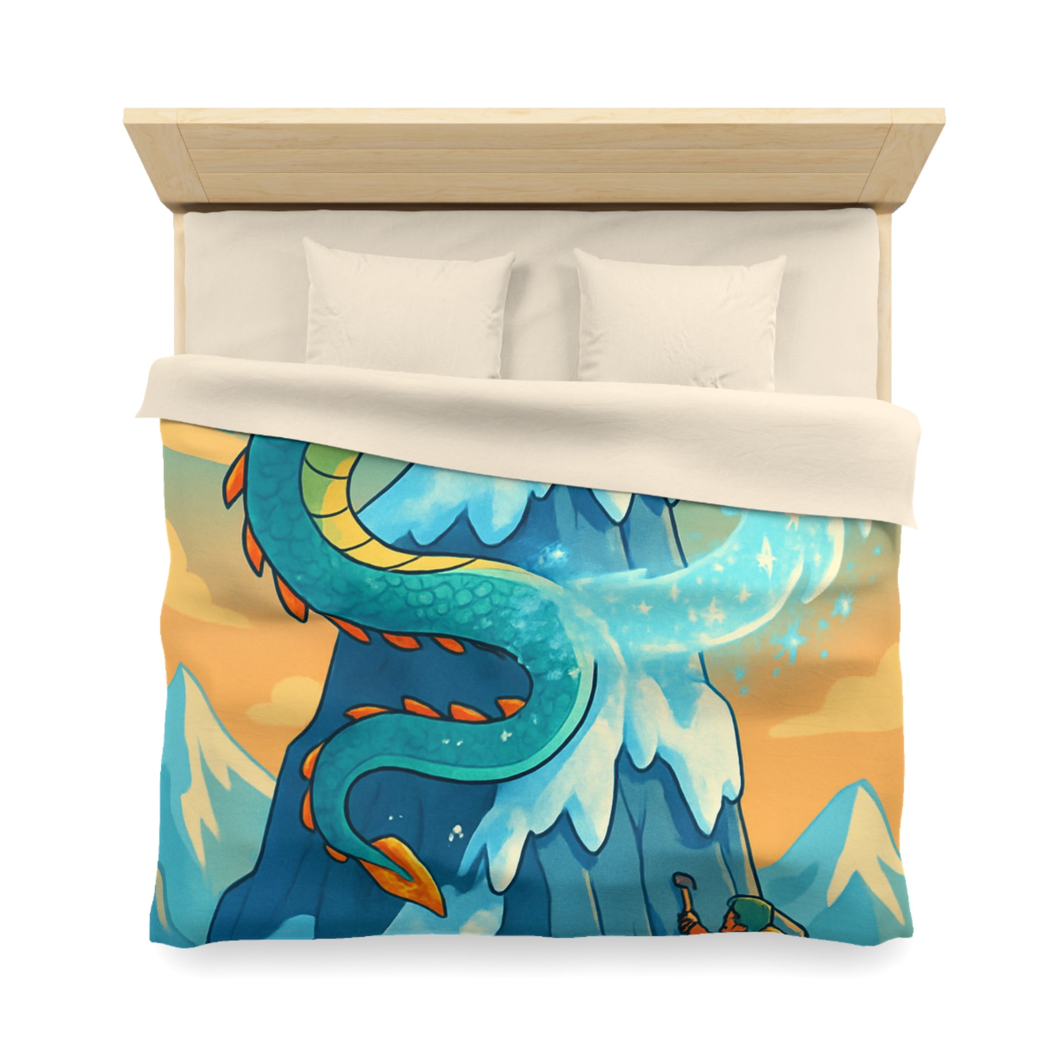 Montagne enneigée gardée par un dragon crachant de la glace, aventure épique illustrée