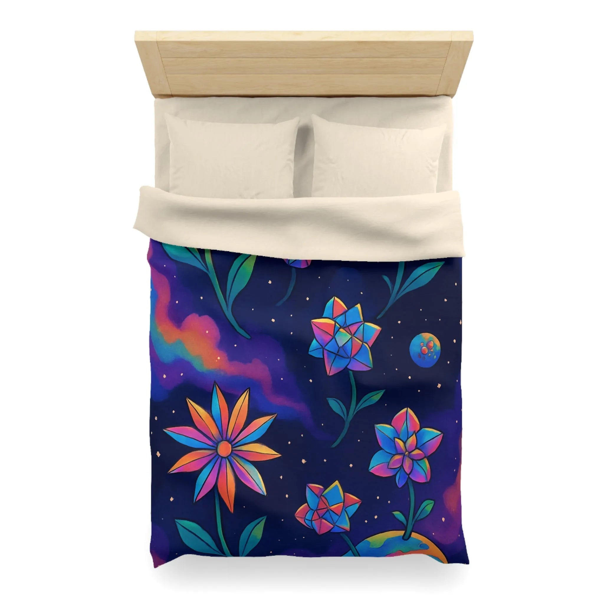 Housse de couette avec des fleurs géométriques aux couleurs cosmiques dans l'espace étoilé