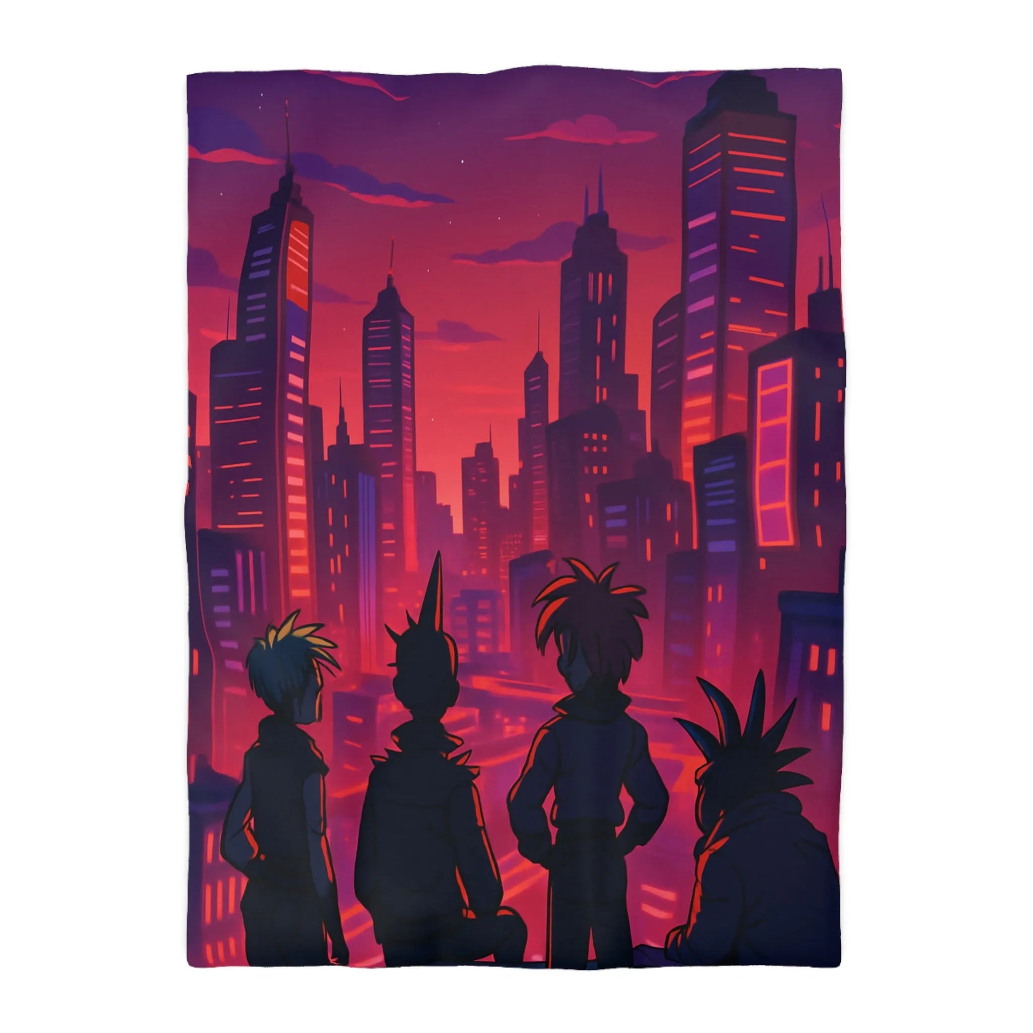 Housse de couette colorée urbaine style rétro avec personnages devant une ville cyberpunk