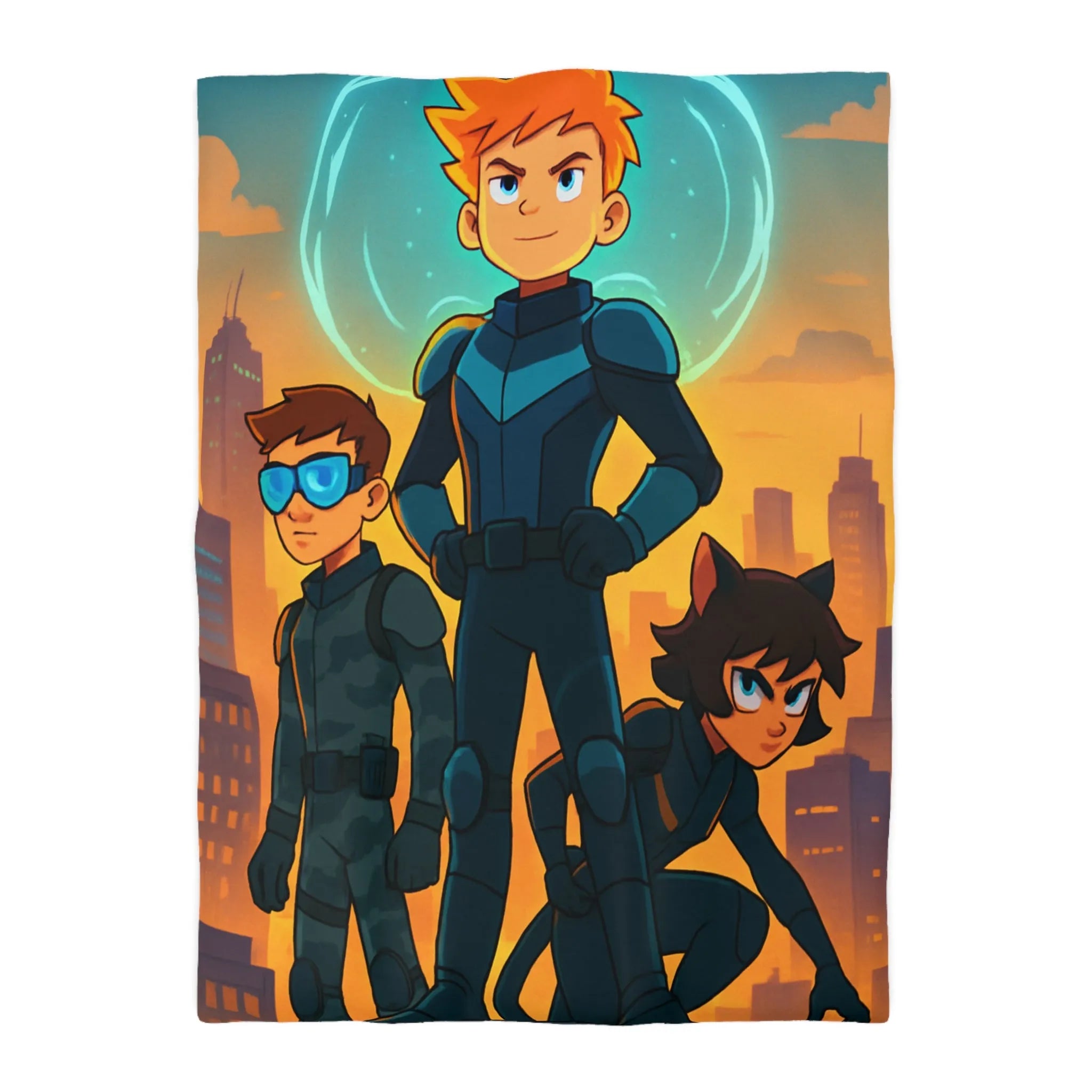 Ensemble d'aventure animé avec enfants héros sur fond urbain au crépuscule