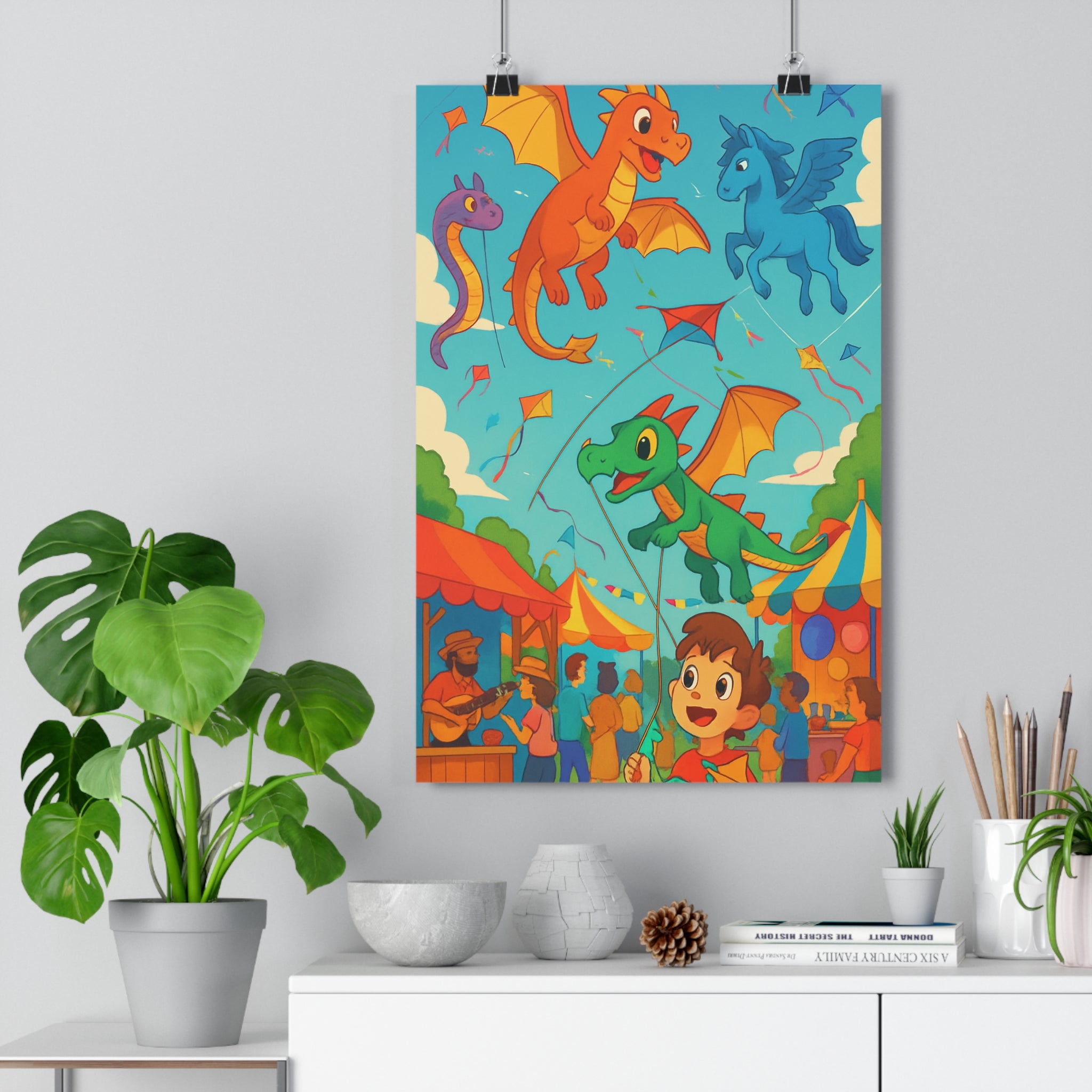 Poster décoratif coloré joyeux cerfsvolants dragons créatures fantastiques salon chambre enfant festival ambiance qualité