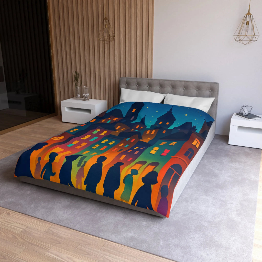 Housse de couette ambiance urbaine douce avec personnages et immeubles nocturnes stylisés