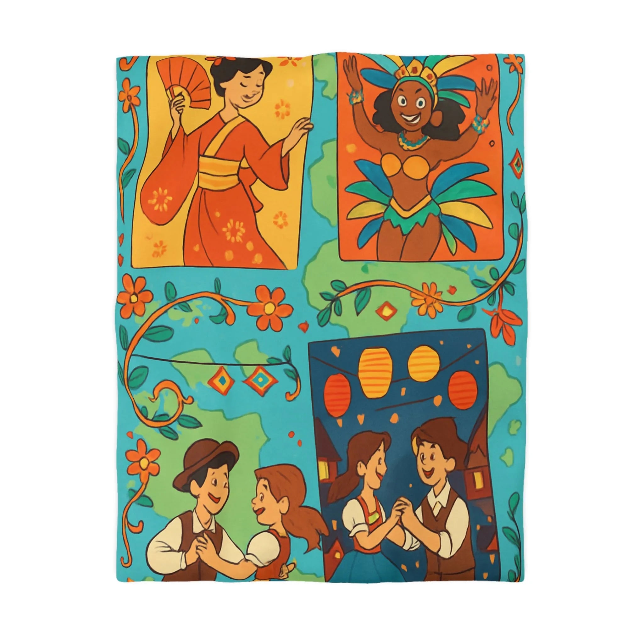 Housse de couette colorée avec dessins folkloriques, danseurs, motifs floraux multicolores attractifs