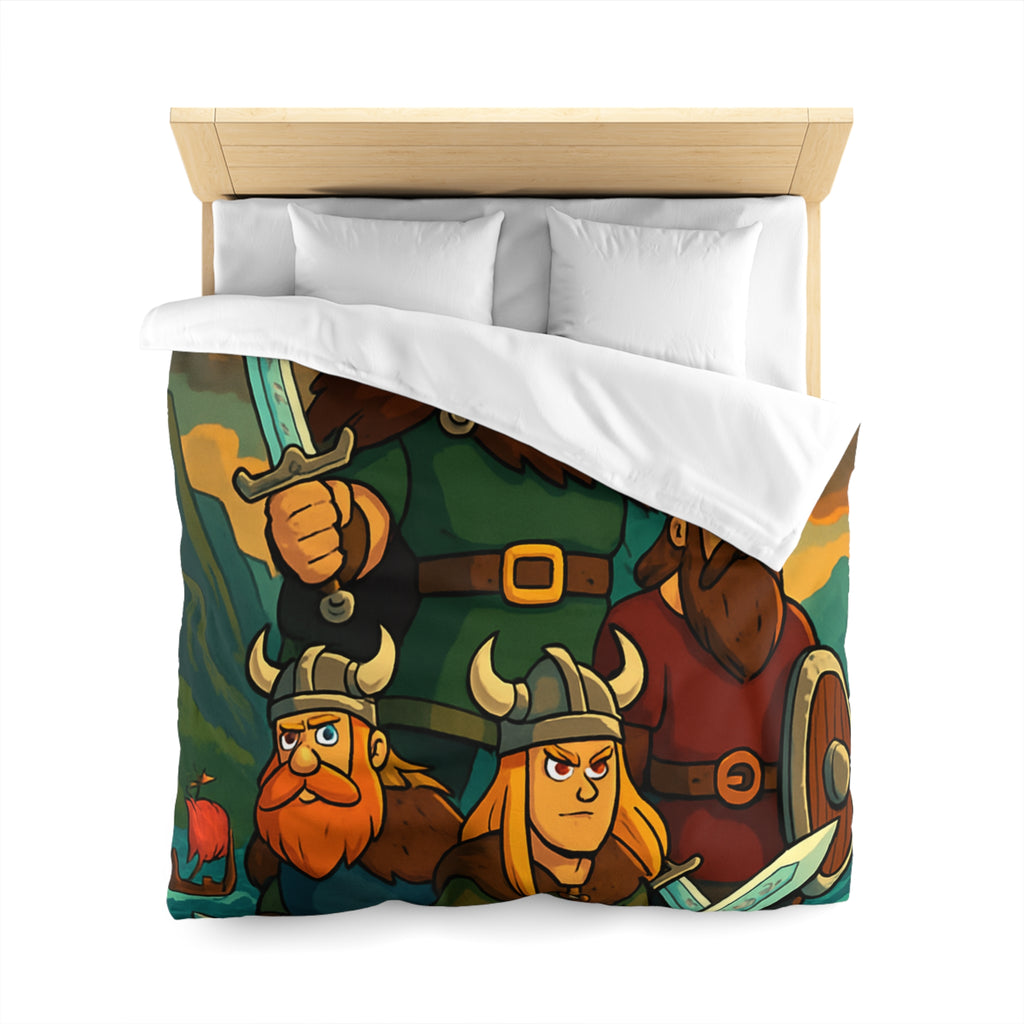 Housse de couette viking épique avec des guerriers et paysage dramatique