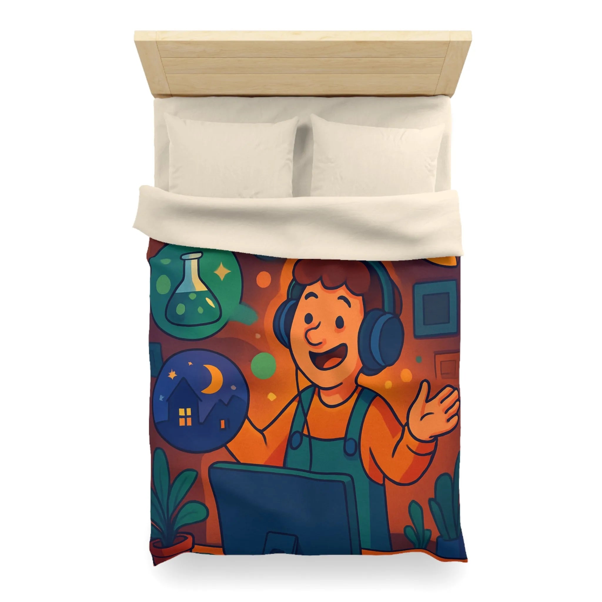 Housse de couette colorée avec illustrations de rêve, voyage et créativité pour enfant
