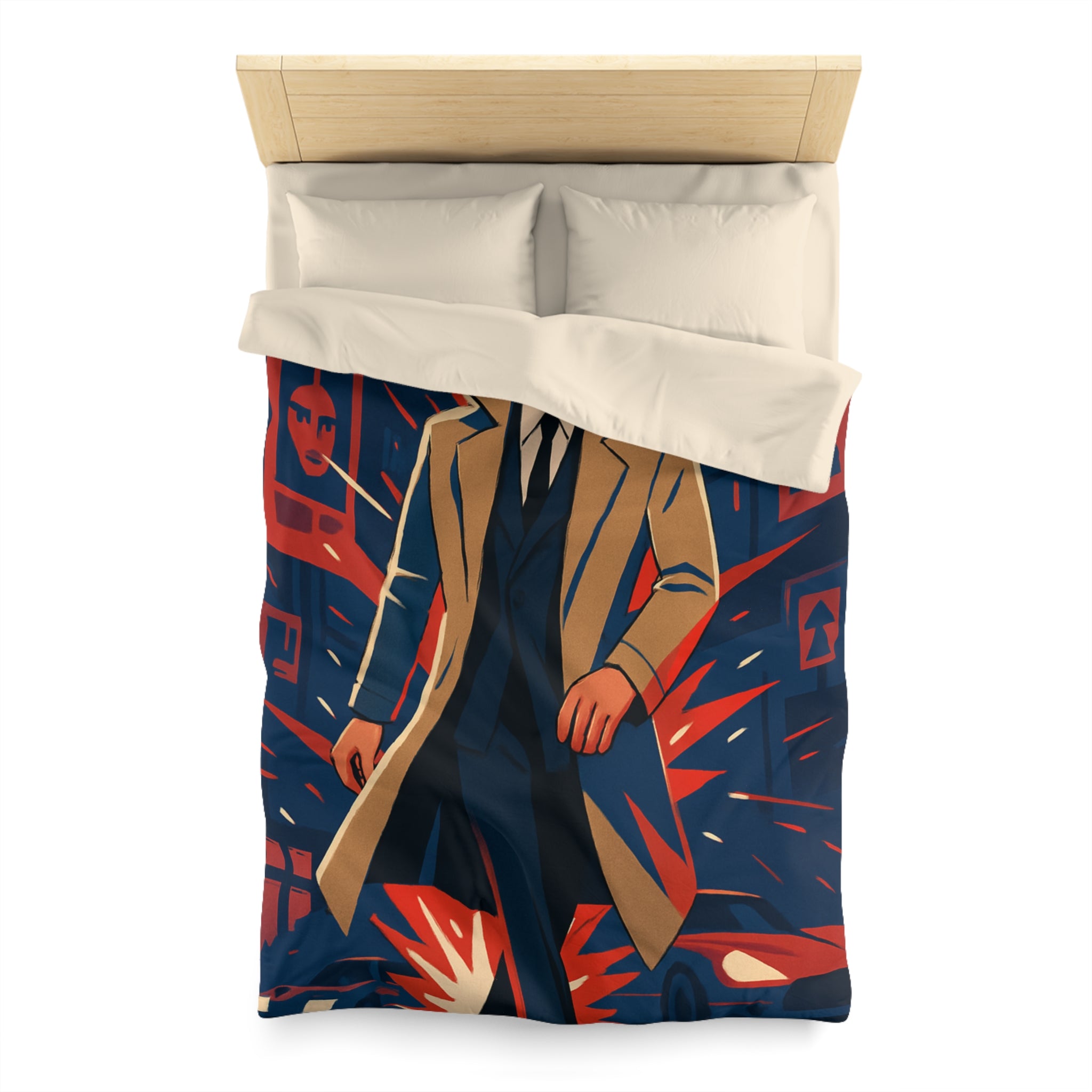 Housse de couette rétro style espion urbain avec homme et ambiance dramatique