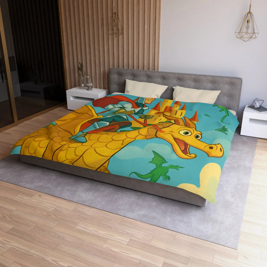 Housse de couette avec chevalier courageux chevauchant un dragon doré au-dessus château fantastique