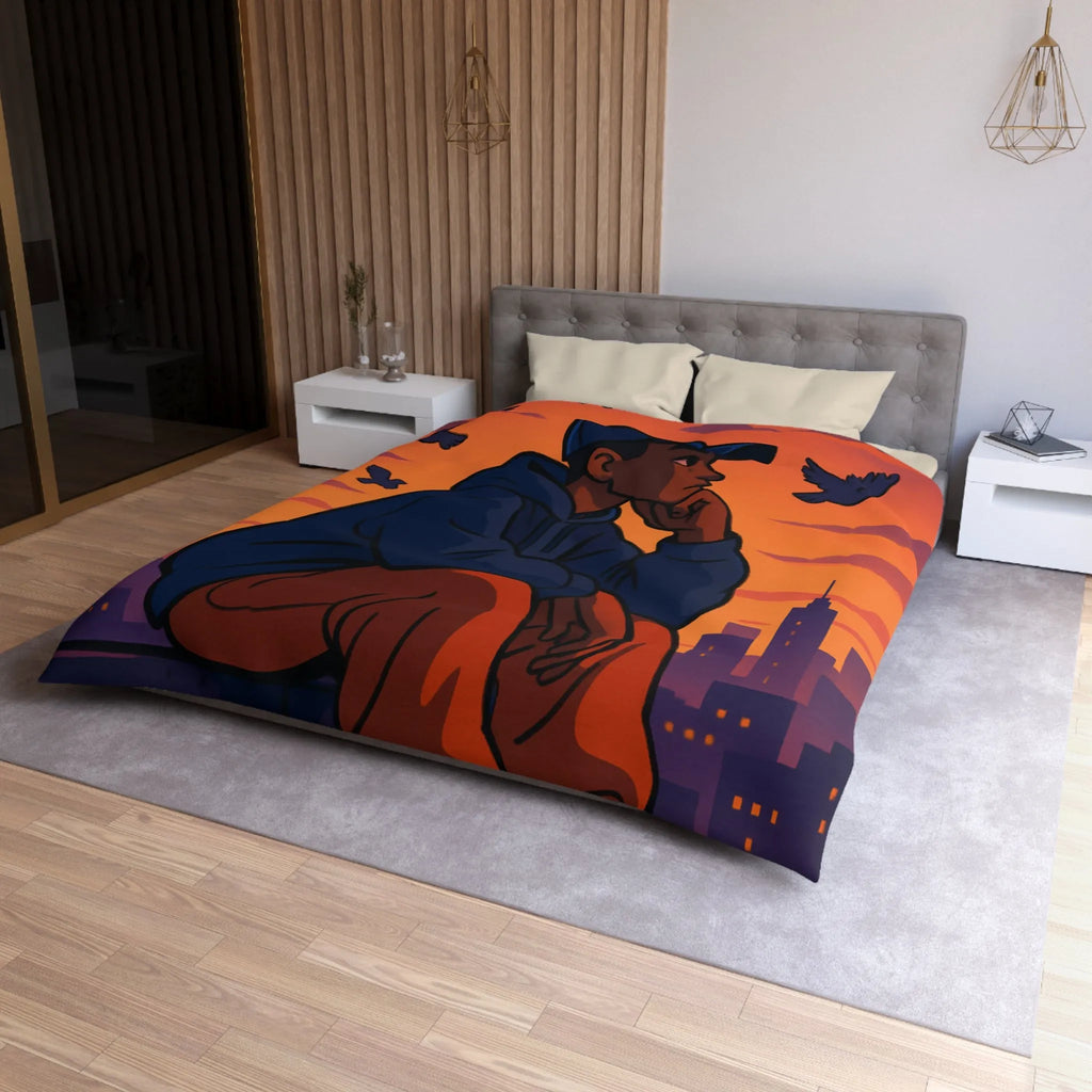 Housse de couette au design urbain moderne avec ciel crépusculaire et silhouette pensive