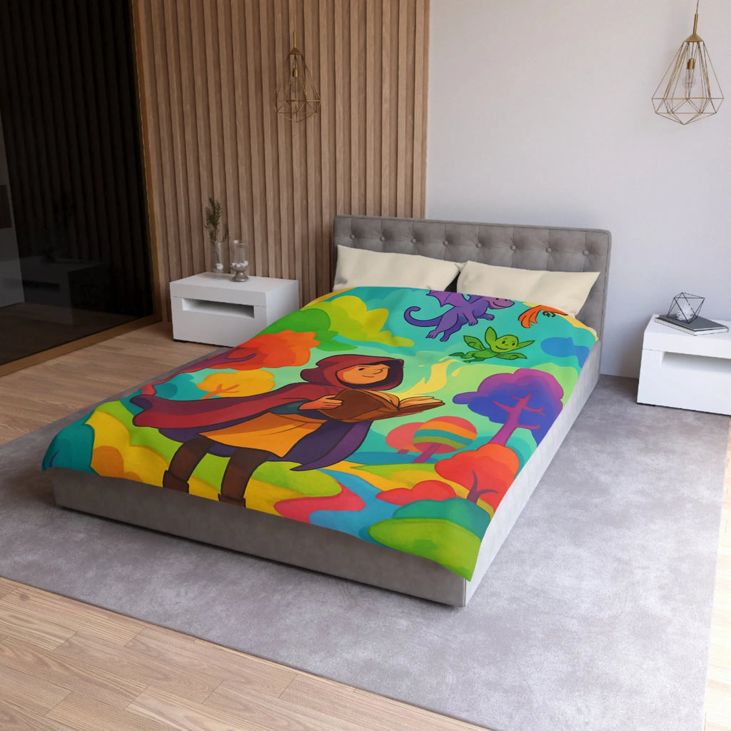 Housse de couette colorée avec scène magique de livre et créatures fantastiques
