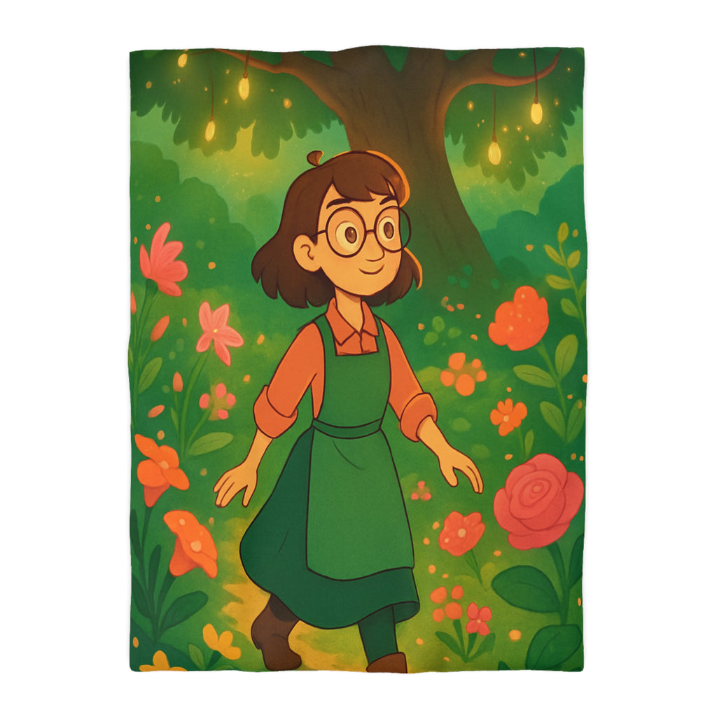 Housse de Couette Motif Pastoral Fille Promenade Fleurie Arbre Lumières Magie Enchantée