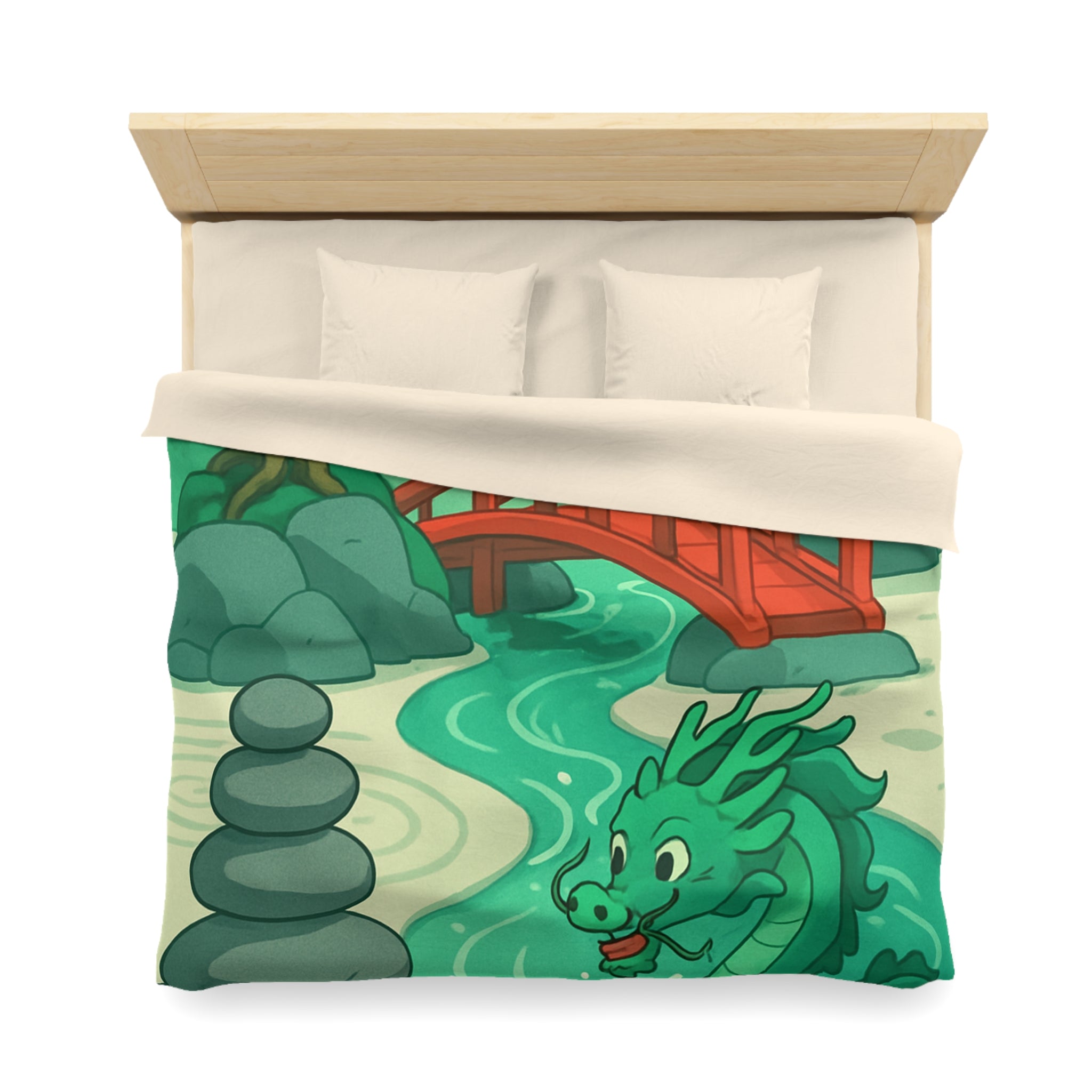 Magnifique housse de couette dragon vert dans jardin zen avec pont rouge