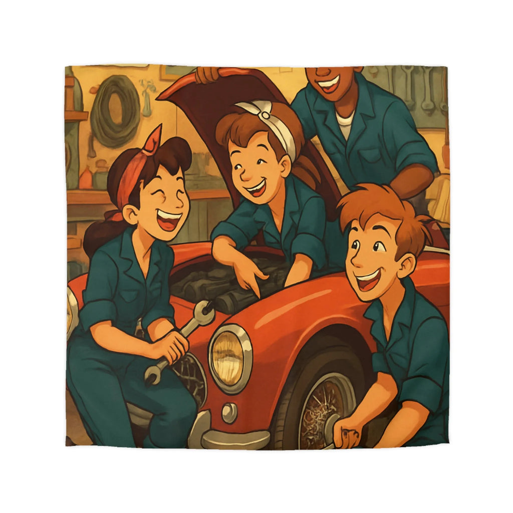 Housse de couette atelier mécanique vintage avec jeunes mécaniciens et voiture rouge joyeuse