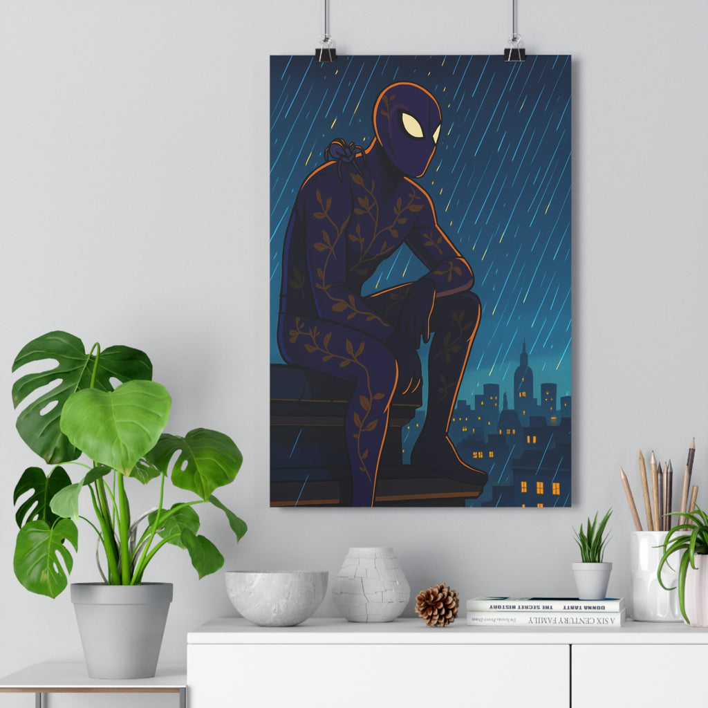 Poster décoratif sombre violet moderne mystérieux animé chambre salon personnage masqué ville pluie toit