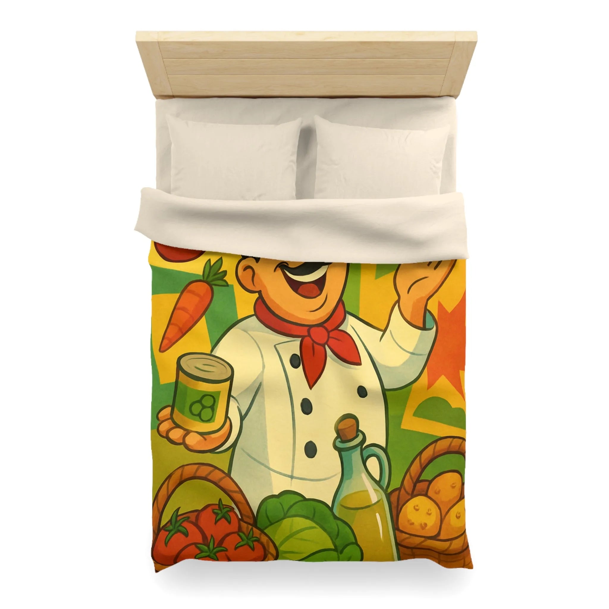 Housse de Couette Illustrée de Chef Heureux avec légumes et Pizza Méditerranéenne Colorée
