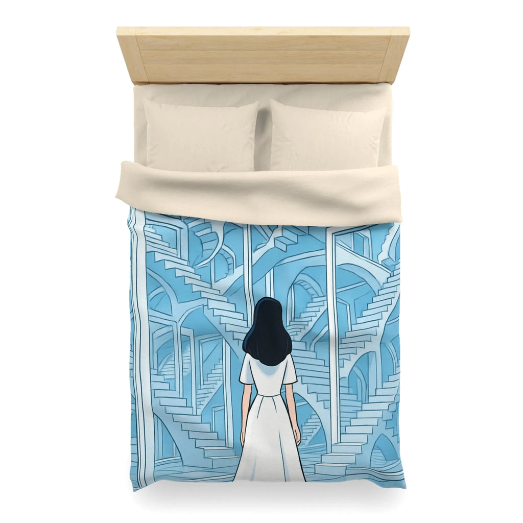 Housse de couette escalier infini en bleu avec femme en robe blanche contemporaine