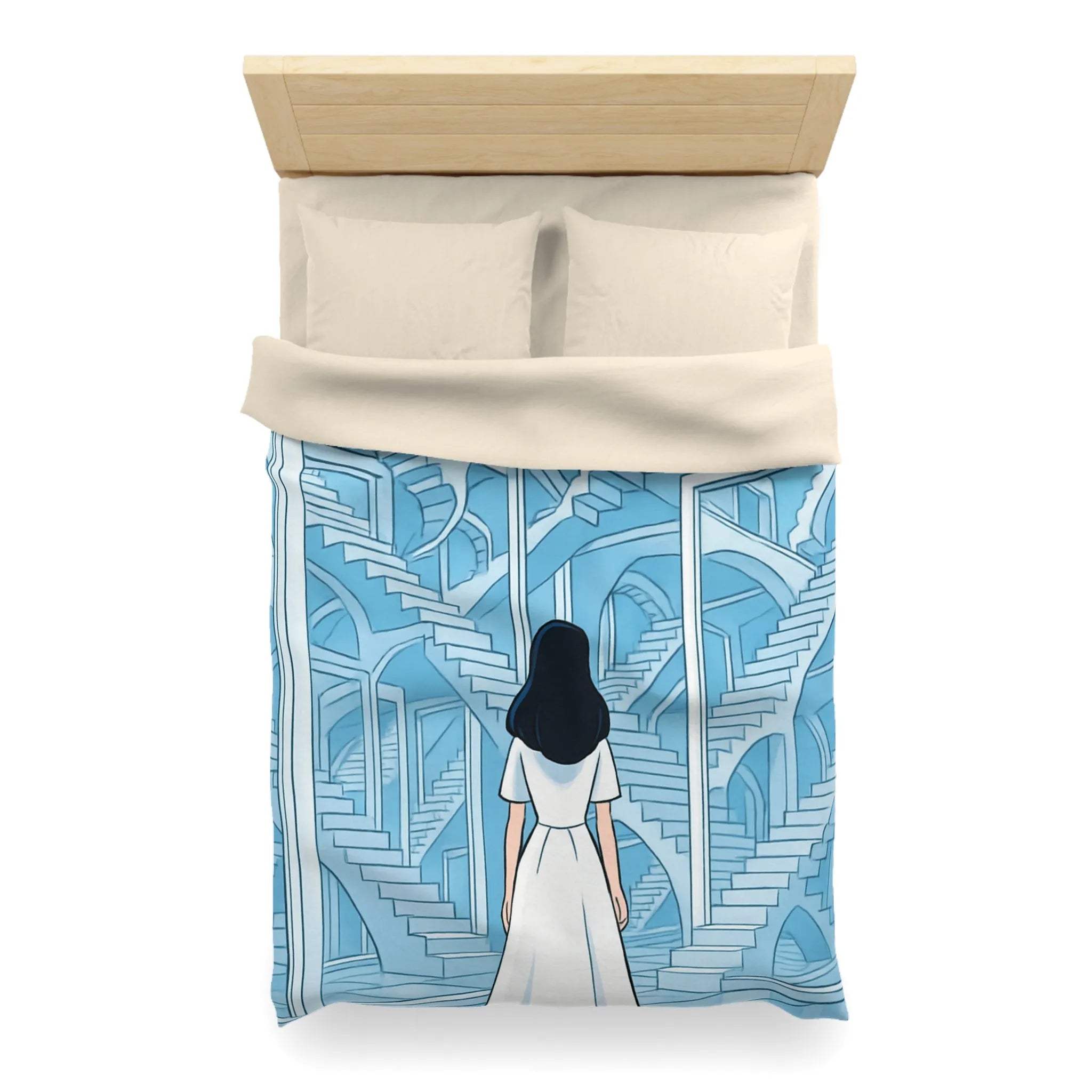 Housse de couette escalier infini en bleu avec femme en robe blanche contemporaine
