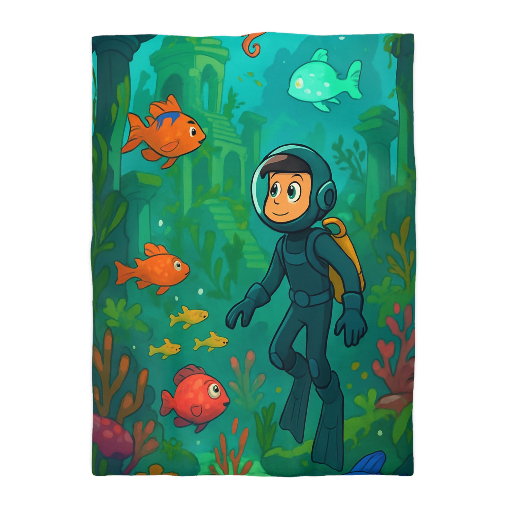 Plongée sous-marine enfantine avec poissons colorés et ruines anciennes, aventure océanique artistique