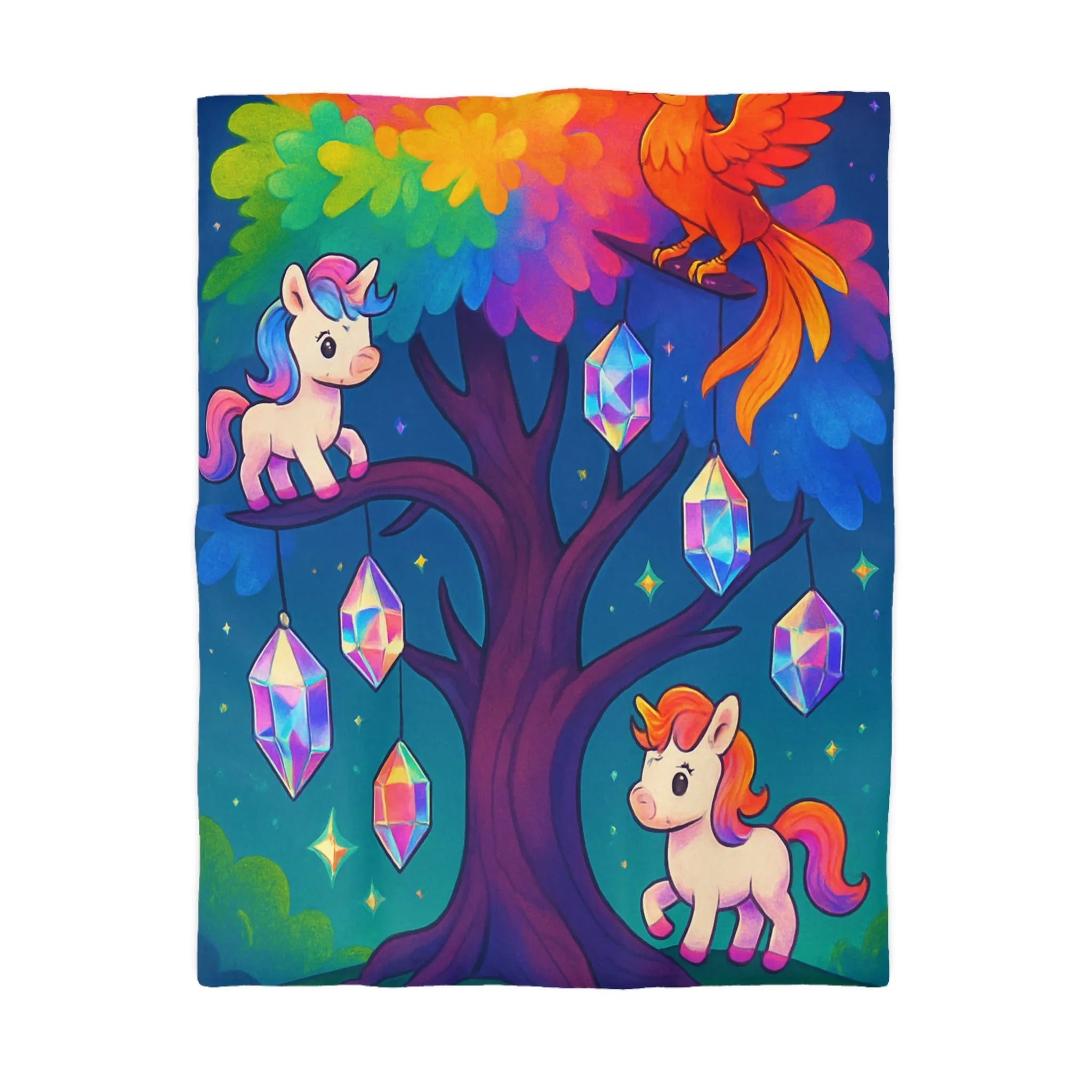 Housse de couette enfantine avec licornes, phénix, arbre magique et cristaux lumineux