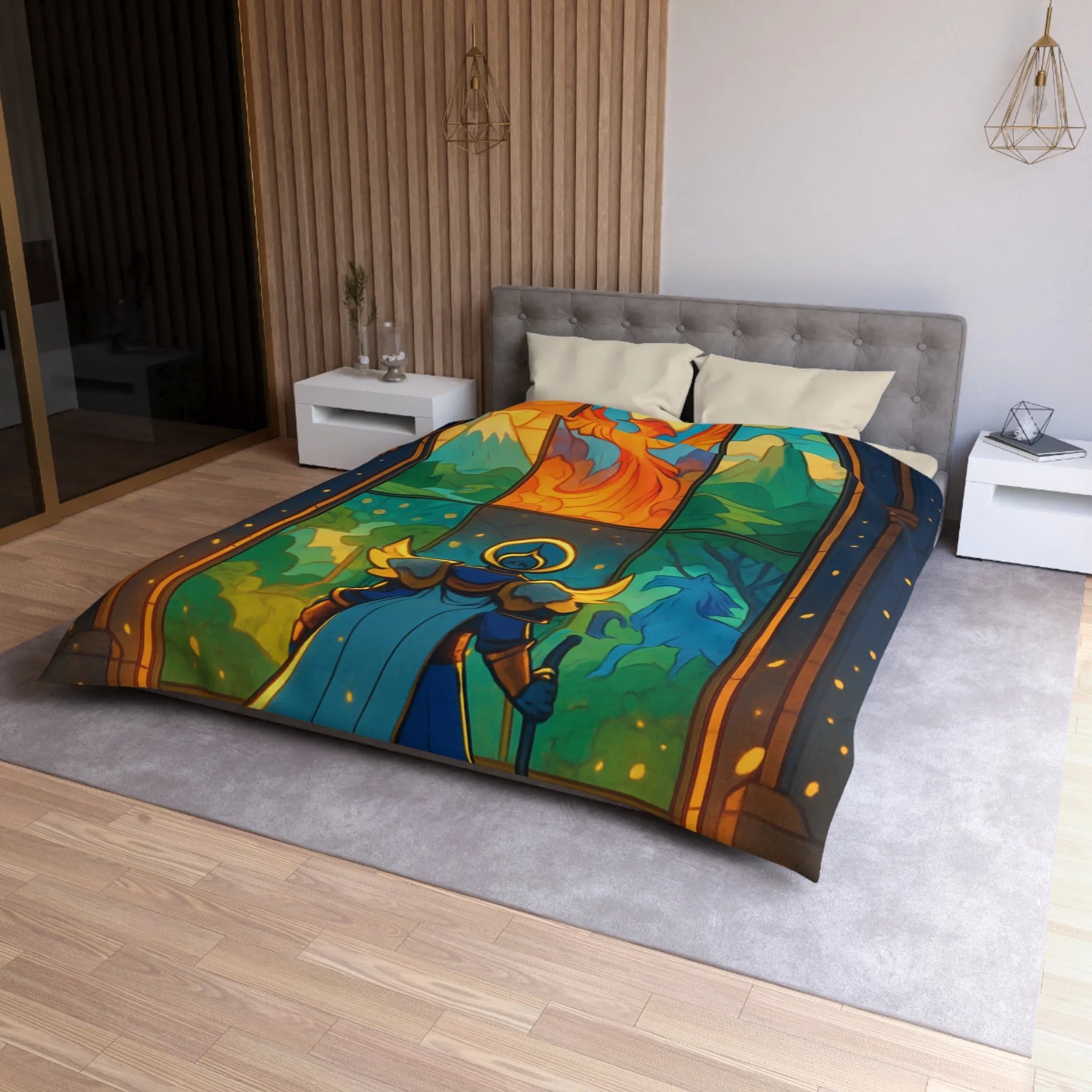 Housse de couette épique avec chevalier, vitraux colorés et ambiance mystique