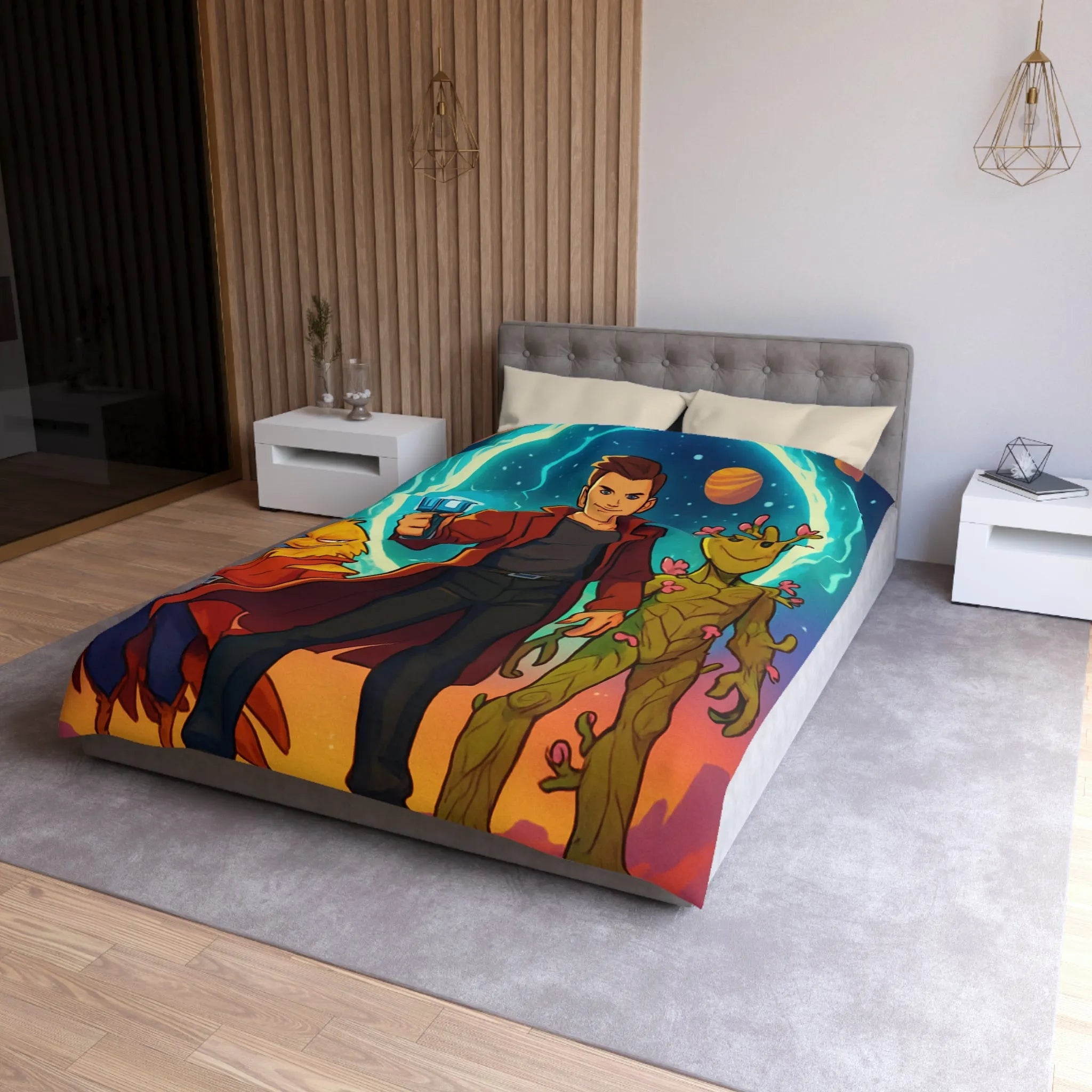 Housse de couette espace avec personnages héroïques colorés et univers rétro futuriste