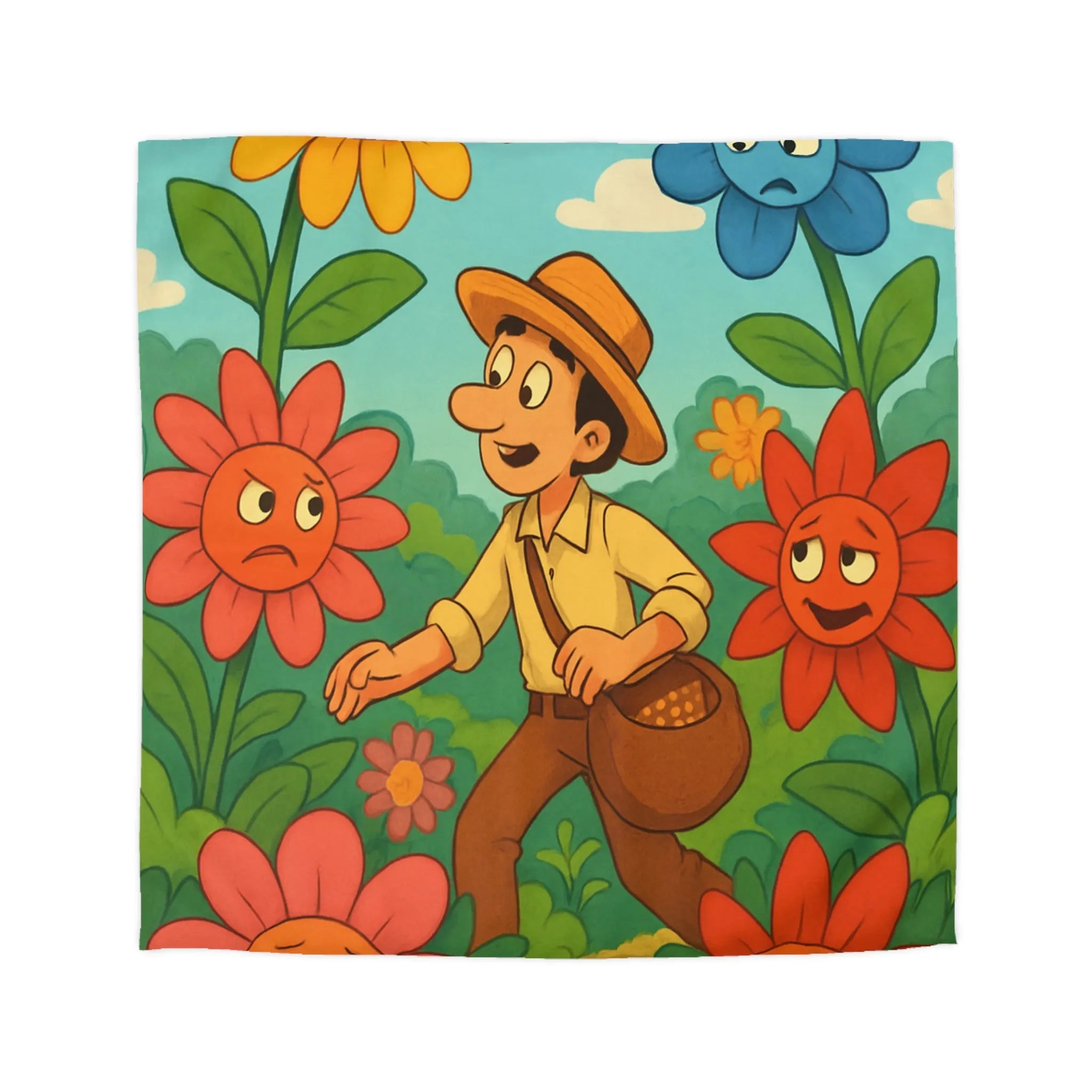 Housse de couette colorée avec jardin de fleurs expressives et personnage en promenade