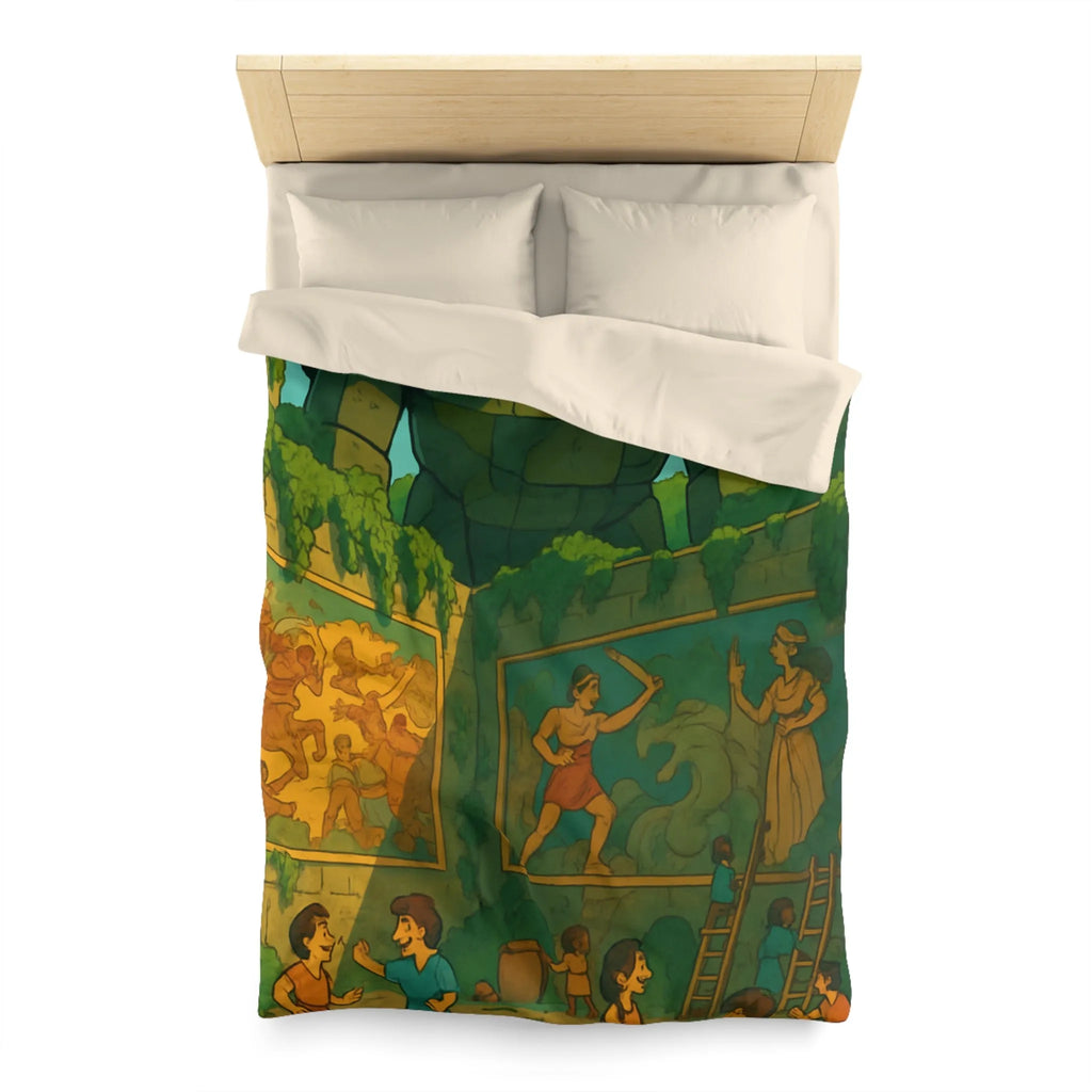 Enchantante parure de lit jardin fantastique avec golem géant et enfants joueurs colorés