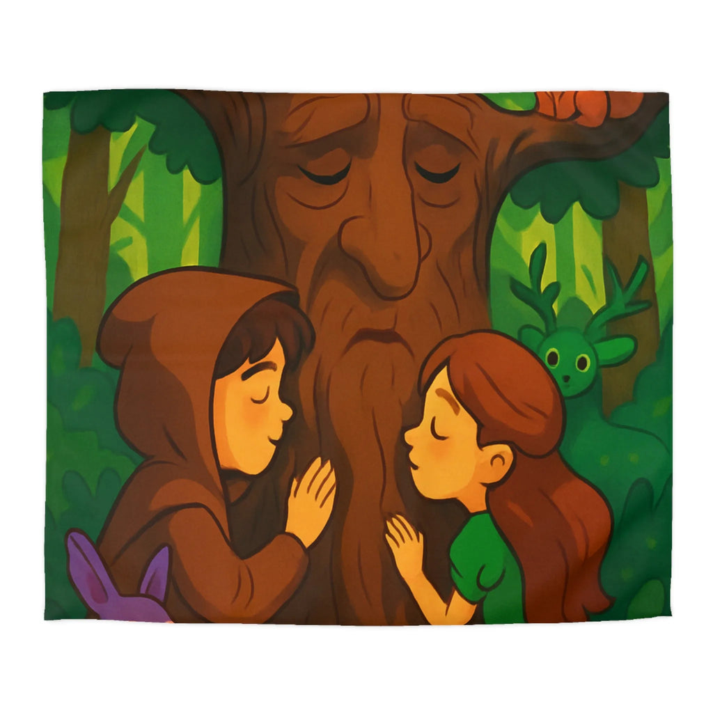 Housse de couette forêt enchantée avec animaux, arbres sages et personnages rêveurs