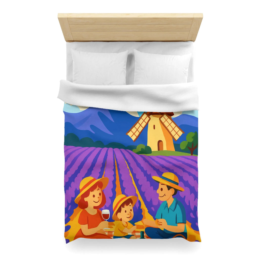 Housse de Couette Illustrée Scène de Pique-Nique en Provence avec Moulin à Vent
